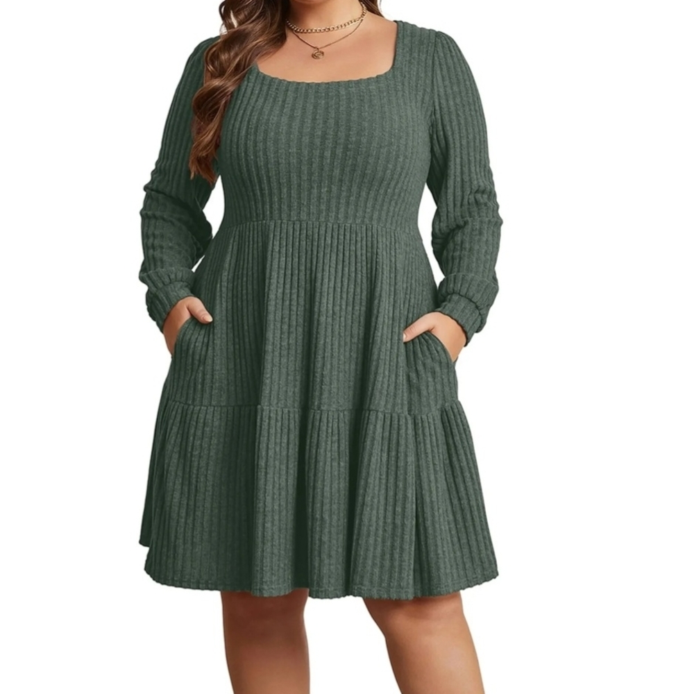 Ribbed Long Sleeve Tiered Swing Dress in Olive Green